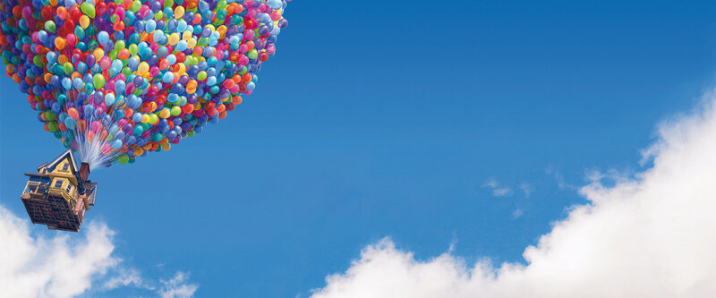 house lifted by balloons