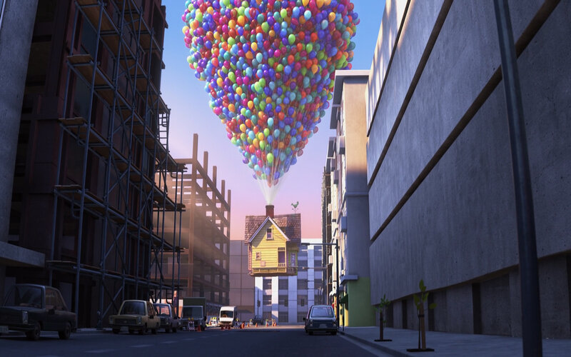 House lifted by balloons