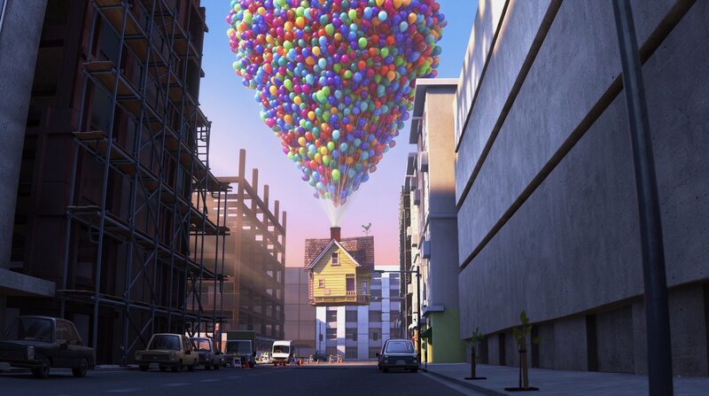 house lifted by balloons
