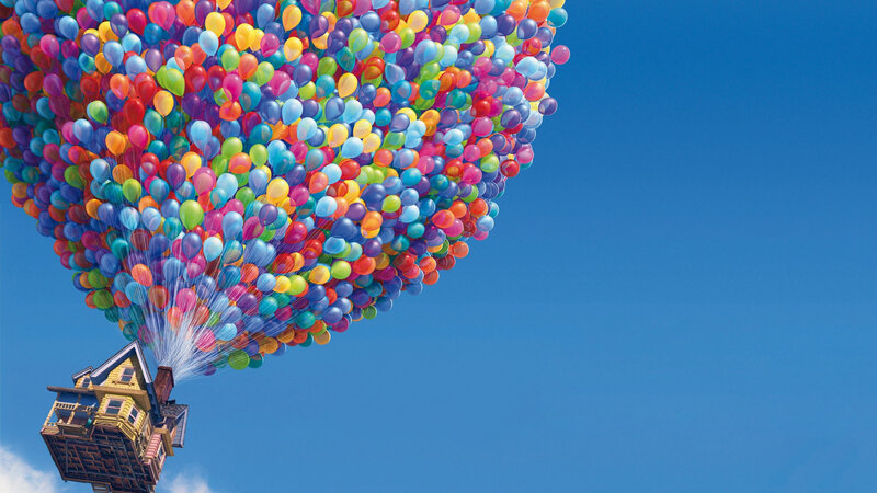 house lifted by balloons