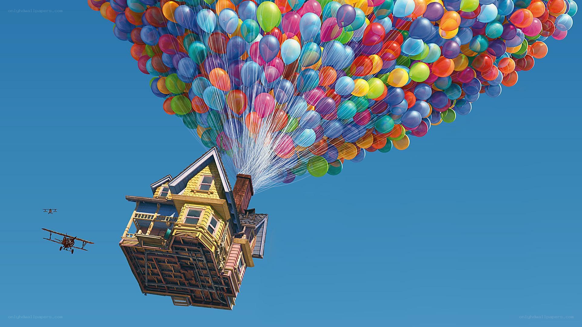 house lifted by balloons