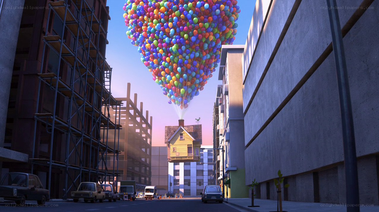 house lifted by balloons