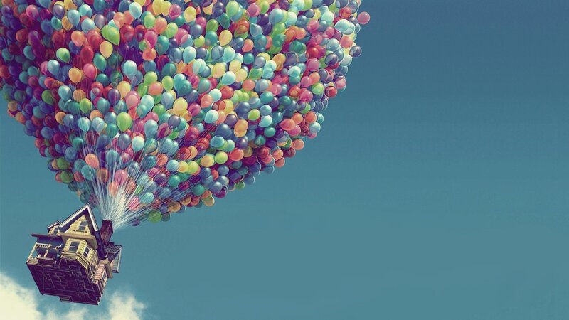 house lifted by balloons