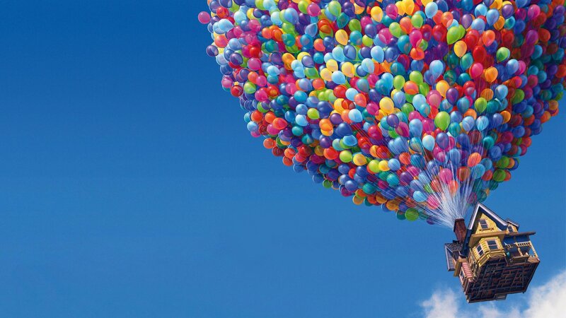house lifted by balloons