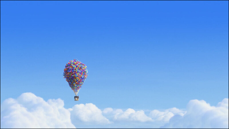 house lifted by balloons