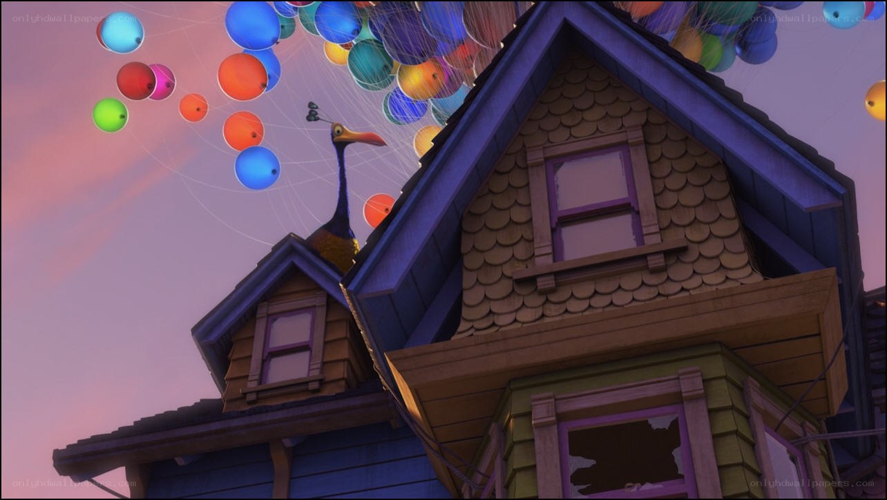 house lifted by balloons