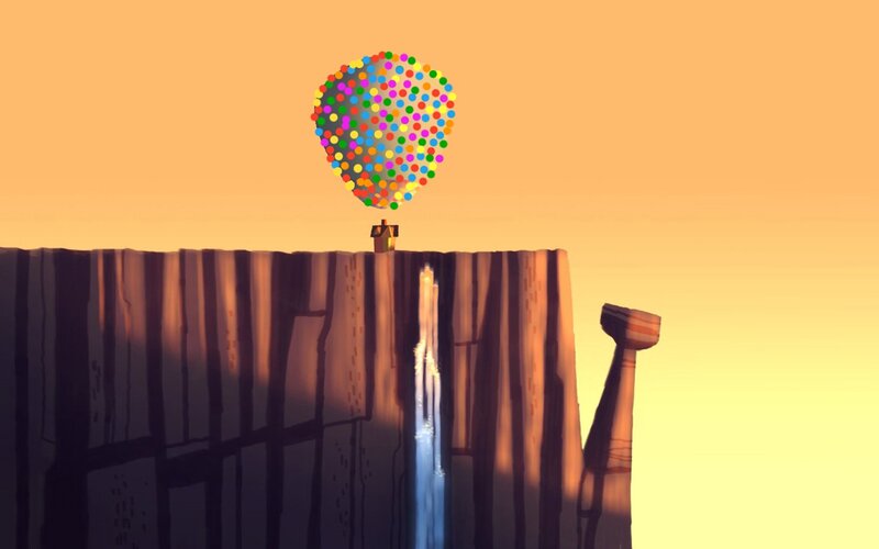 house lifted by balloons