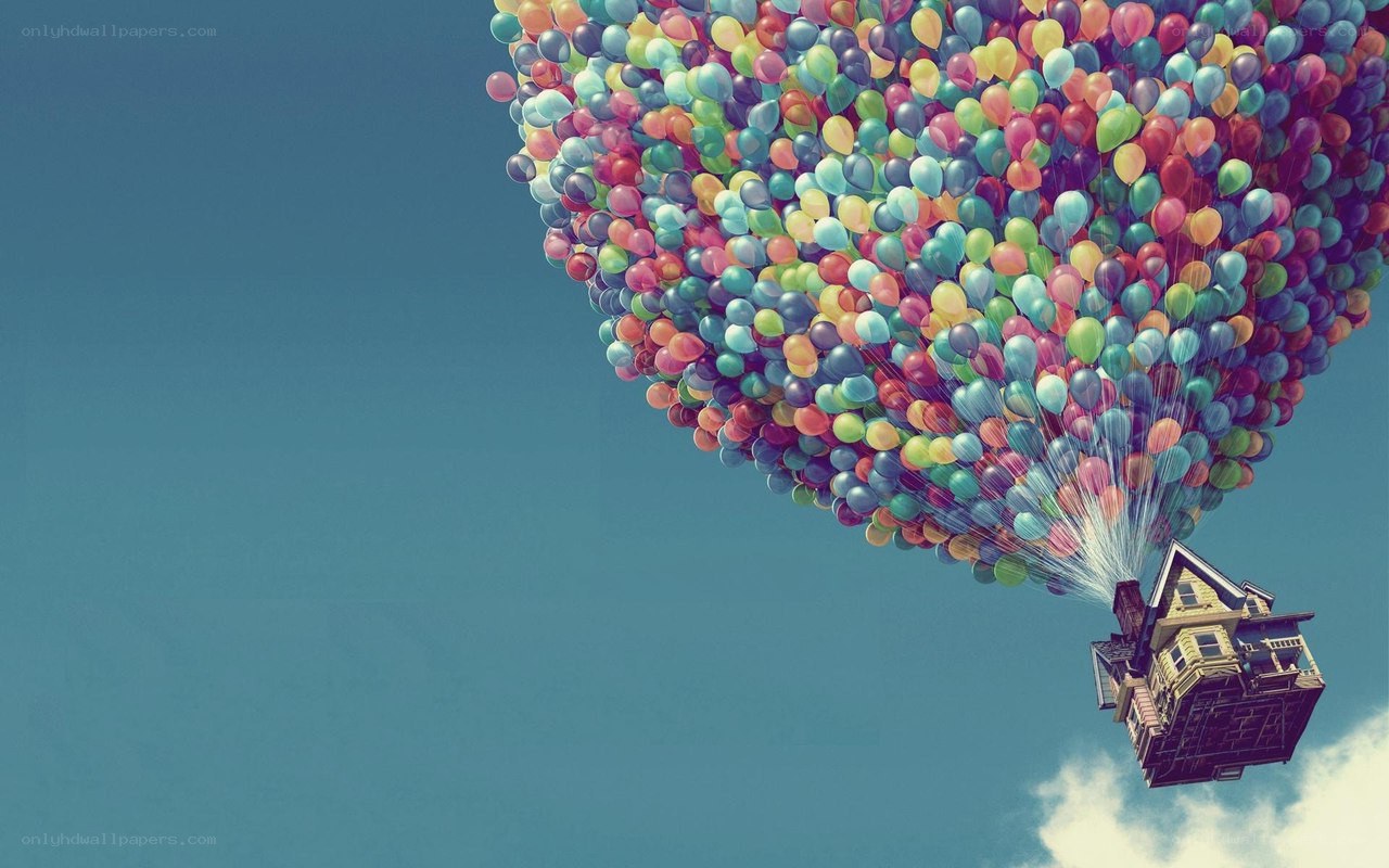 house lifted by balloons