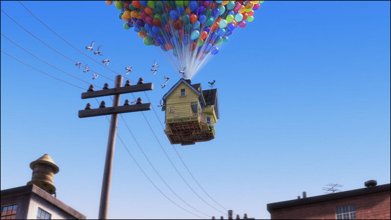 house lifted by balloons