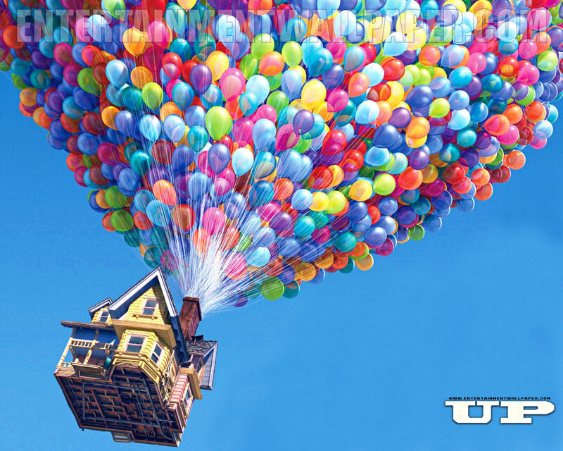 house lifted by balloons