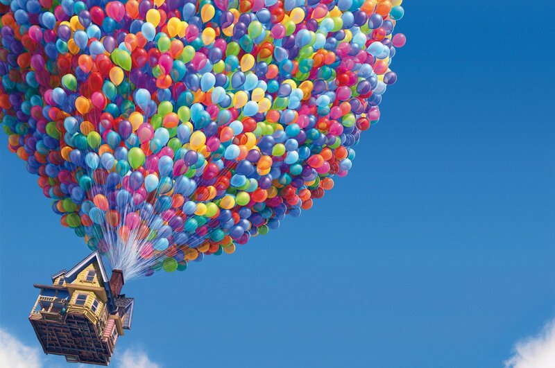 house lifted by balloons