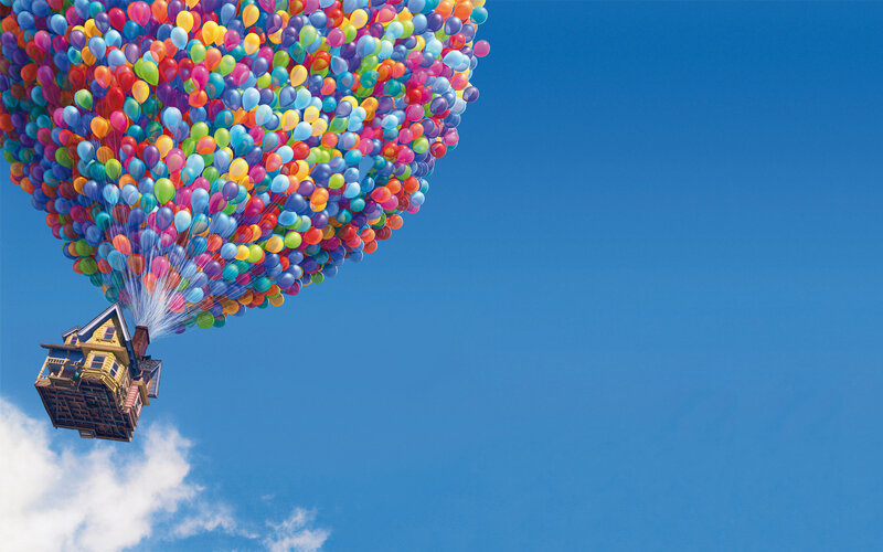 House Lifted by Balloons — Blue, Adventurous, Afternoon