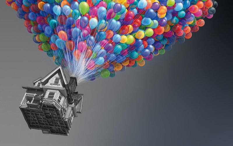 House Lifted by Balloons — Blue, Fantastical