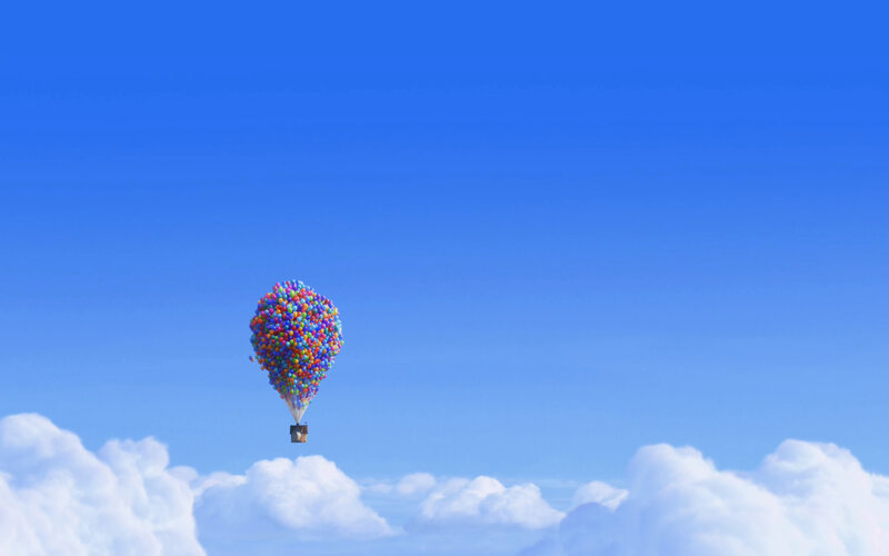 House Lifted by Balloons — Blue, Serene, Afternoon, 3d Render, Clouds