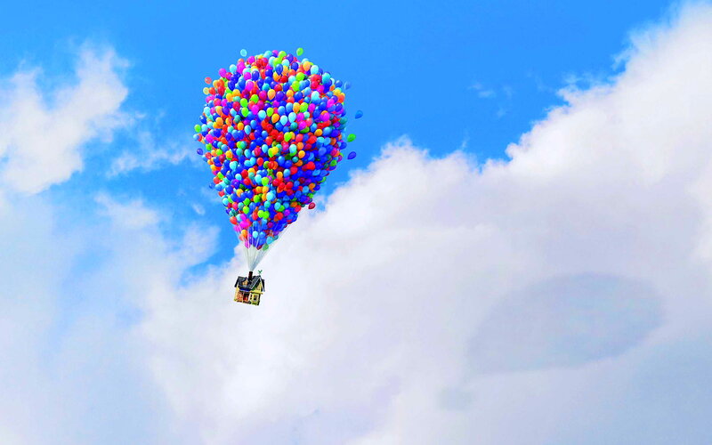 House Lifted by Balloons — Blue, Serene, Afternoon