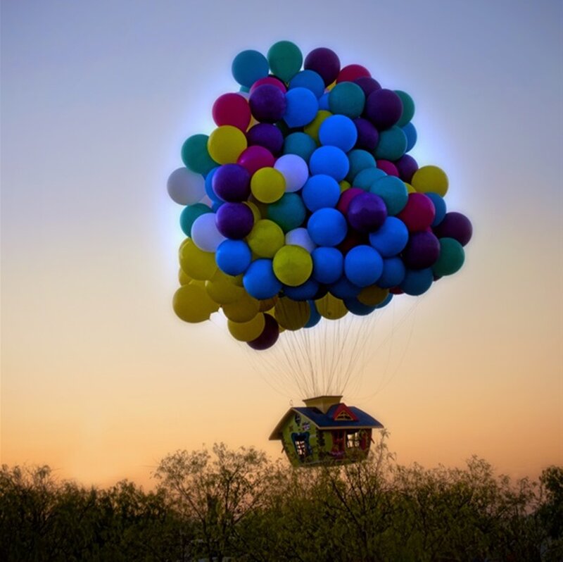 House Lifted by Balloons — Blue, Serene, Sunset