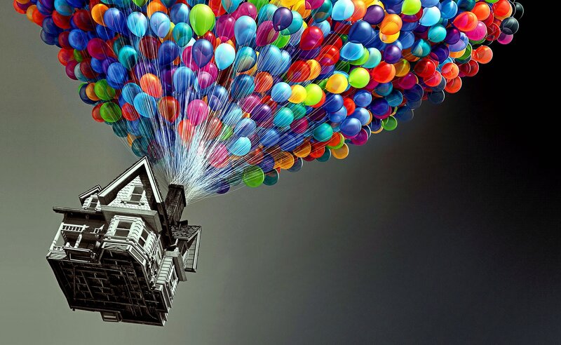 House Lifted by Balloons — Blue