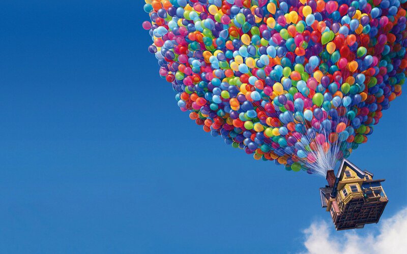 House Lifted by Balloons — Blue, Whimsical, Afternoon, 3d Render, Sky, Clouds, Multicolor