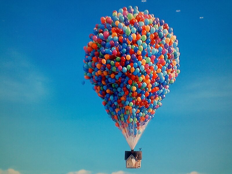 House Lifted by Balloons — Blue, Whimsical, Afternoon, 3d Render, Sky