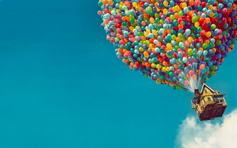 House Lifted by Balloons — Blue, Whimsical, Afternoon, Digital Art, Clouds, Sky