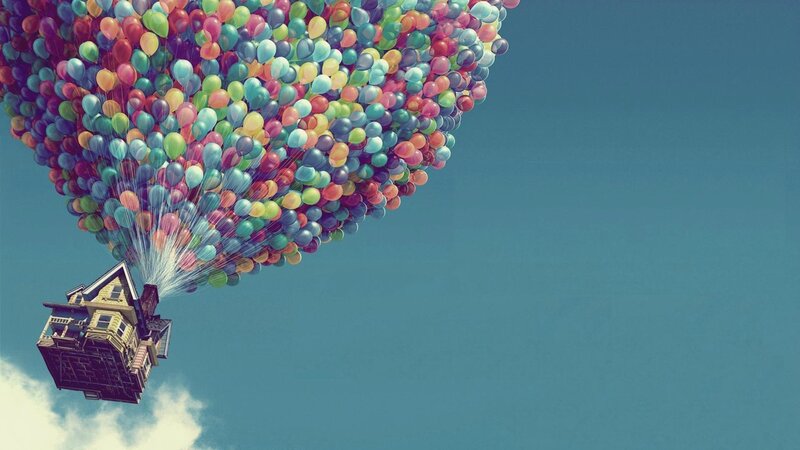 House Lifted by Balloons — Blue, Whimsical, Afternoon, Digital Art, Sky, Cloud