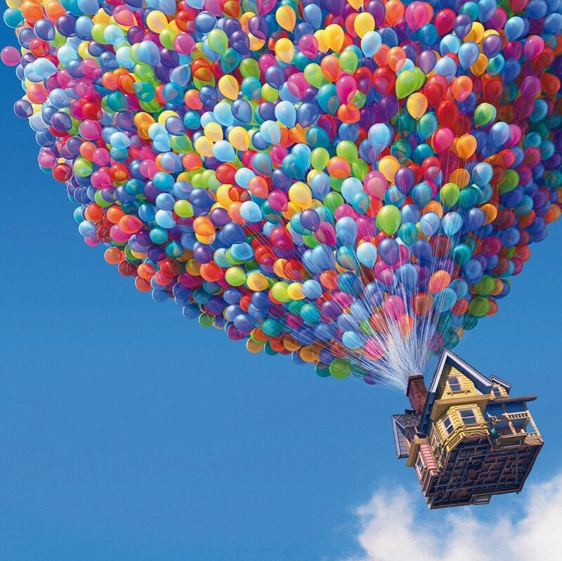 House Lifted by Balloons — Blue, Whimsical, Afternoon, Digital Art