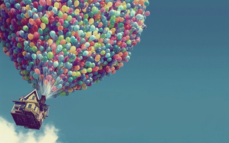 House Lifted by Balloons — Blue, Whimsical