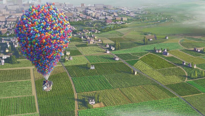 House Lifted by Balloons — Green