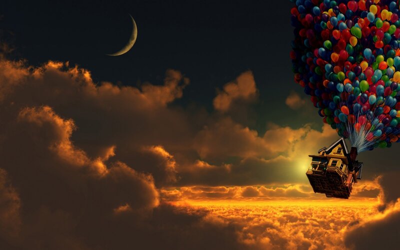 House Lifted by Balloons — Orange, Dramatic