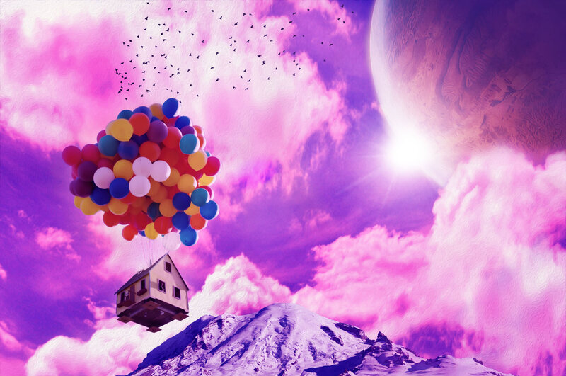 House Lifted by Balloons — Purple