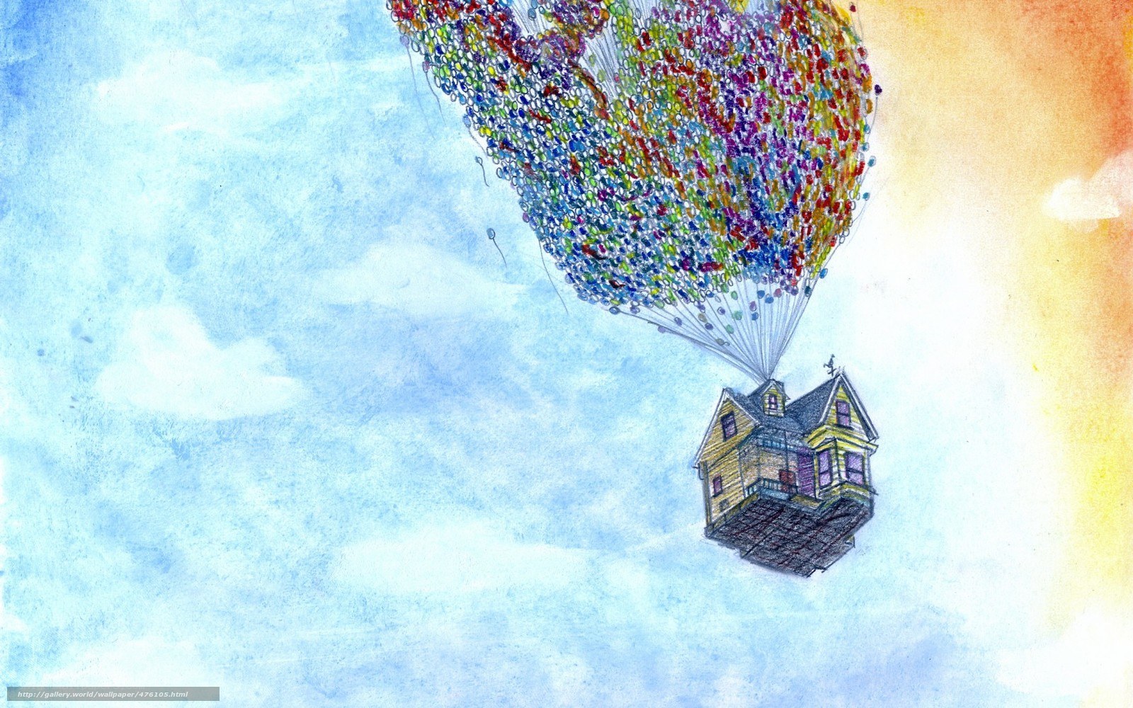 house lifted by balloons