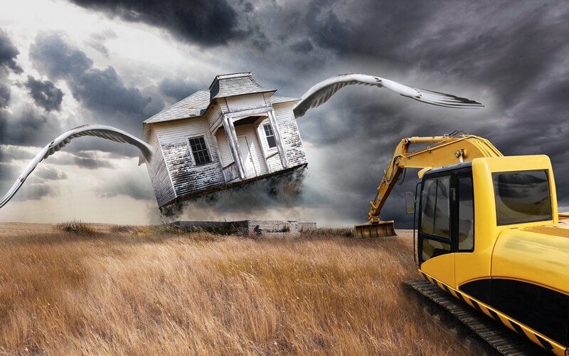 House lifted by giant bird
