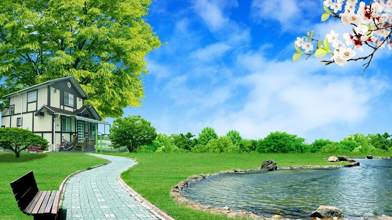House Near Pond — Green, Serene, Spring