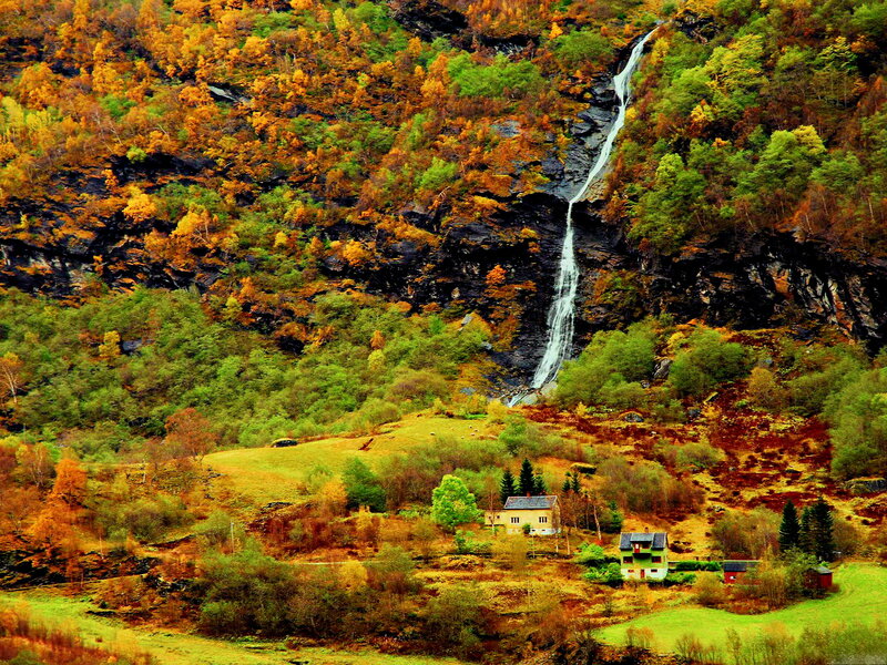 House Near Waterfall — Green