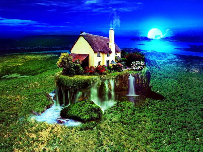 House on a cliff with waterfall