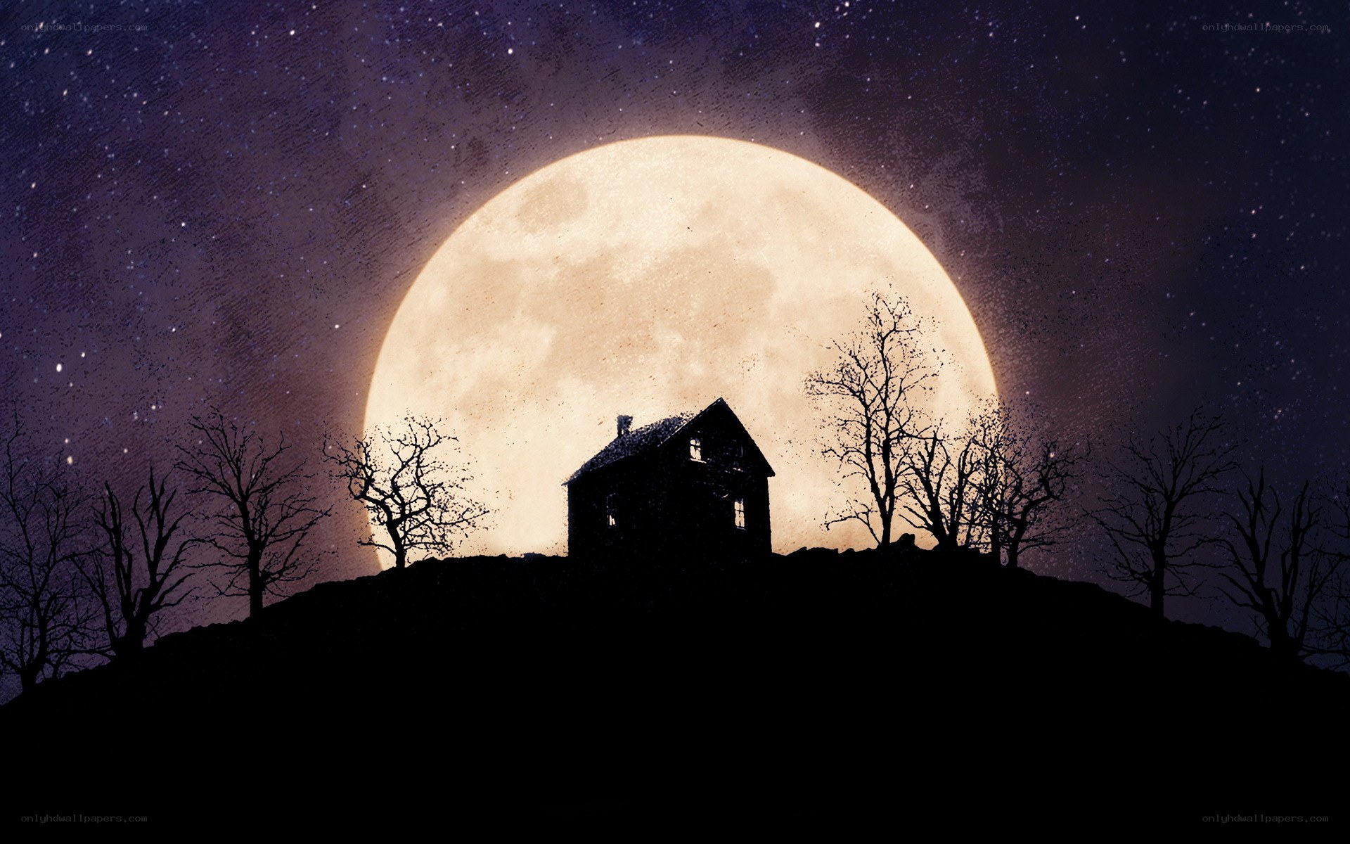 House on a hill under full moon