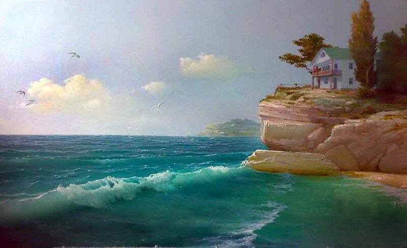 House on Coastal Cliff — Blue