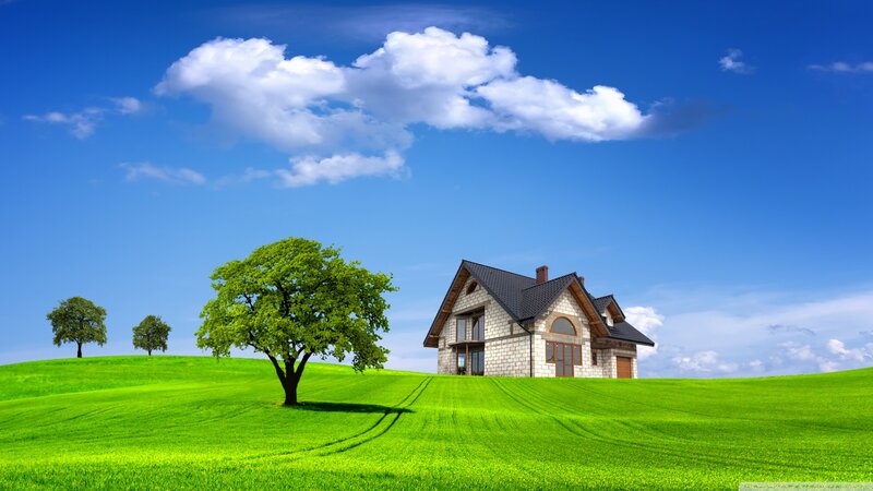 House on Green Hill — Serene, Afternoon, Photograph, Tree, Clouds
