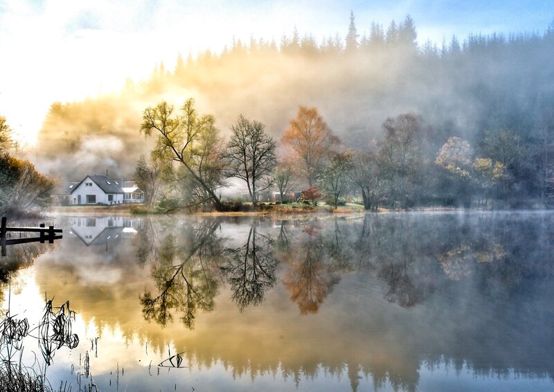 House on Lake Shore — Blue, Serene, Morning, Photograph, Fog