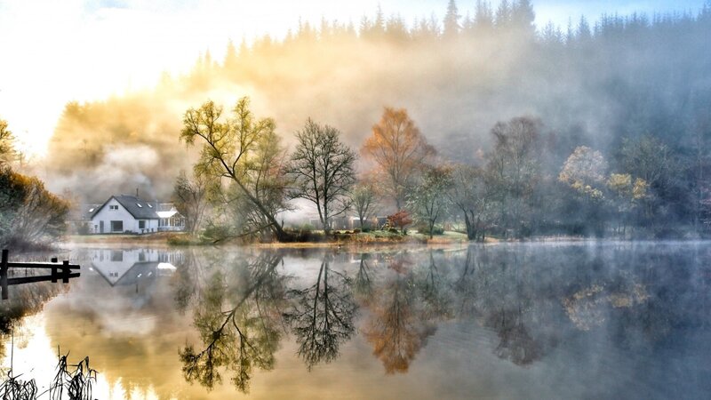House on Lake Shore — Blue, Serene, Morning, Photograph
