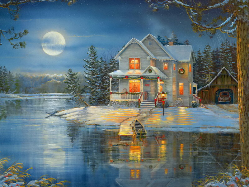 House on Lake Shore — Blue, Serene, Night