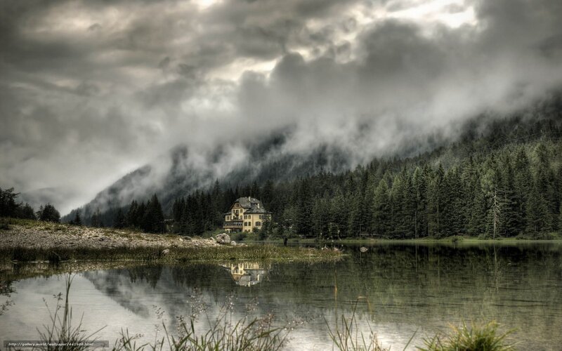 House on Lake Shore — Gray, Dramatic, Photograph, Mountain