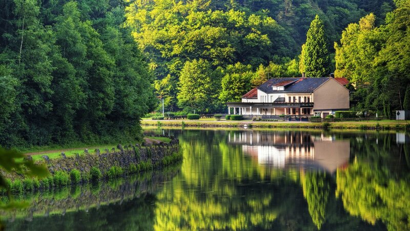 House on Lake Shore — Green, Serene, Afternoon, Photograph, Trees