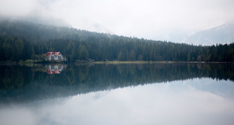 House on Lake Shore — Green, Serene, Morning, Photograph