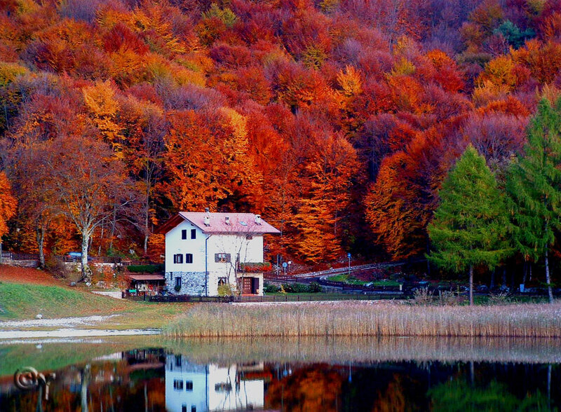 House on Lake Shore — Orange, Serene, Autumn