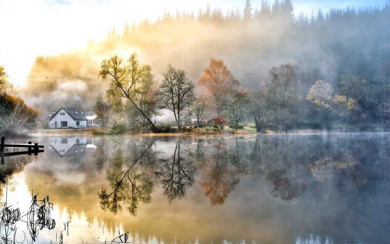 House on Lake Shore — Yellow, Serene, Morning, Photograph, Fog