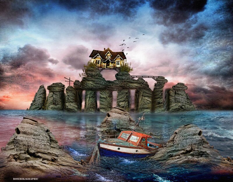House on Rocky Island — Blue, Dramatic