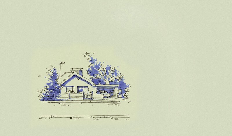 house sketch with blue trees