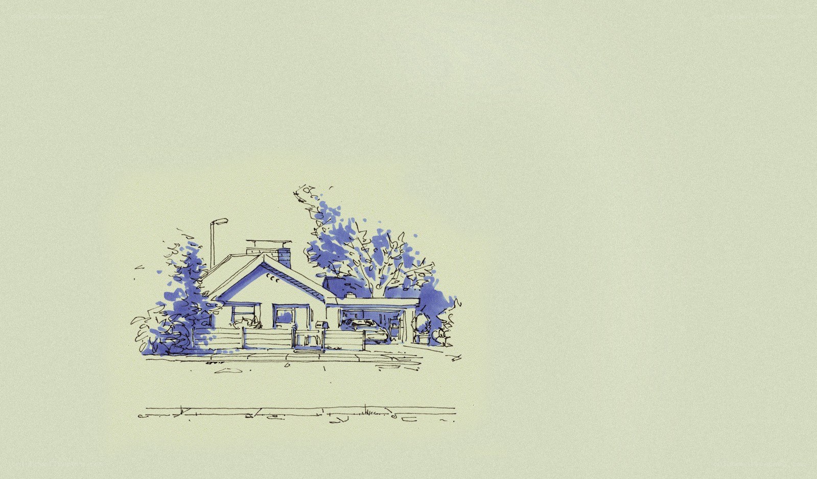 house sketch with blue trees
