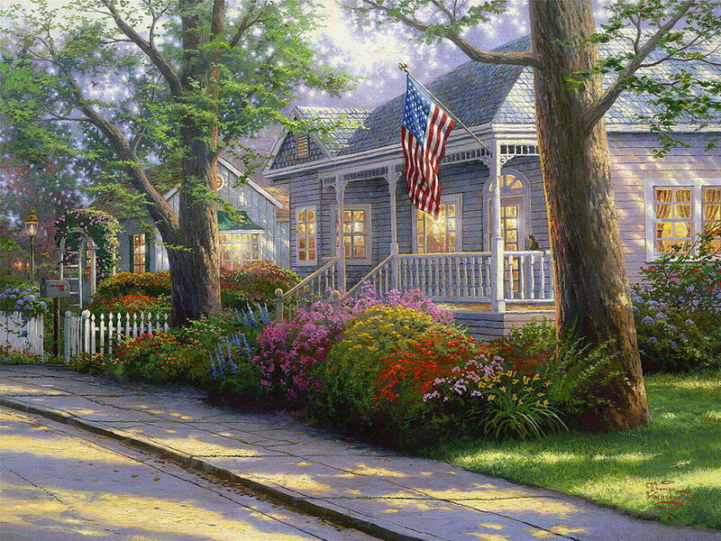 House with American Flag — Green